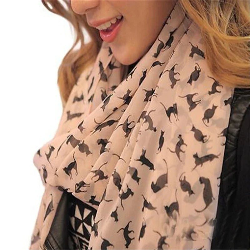 New Fashion Women Chiffon Colorful Printed Sweet Cartoon Cat Kitten Scarf Graffiti Style Shawl Girls Christmas Gift